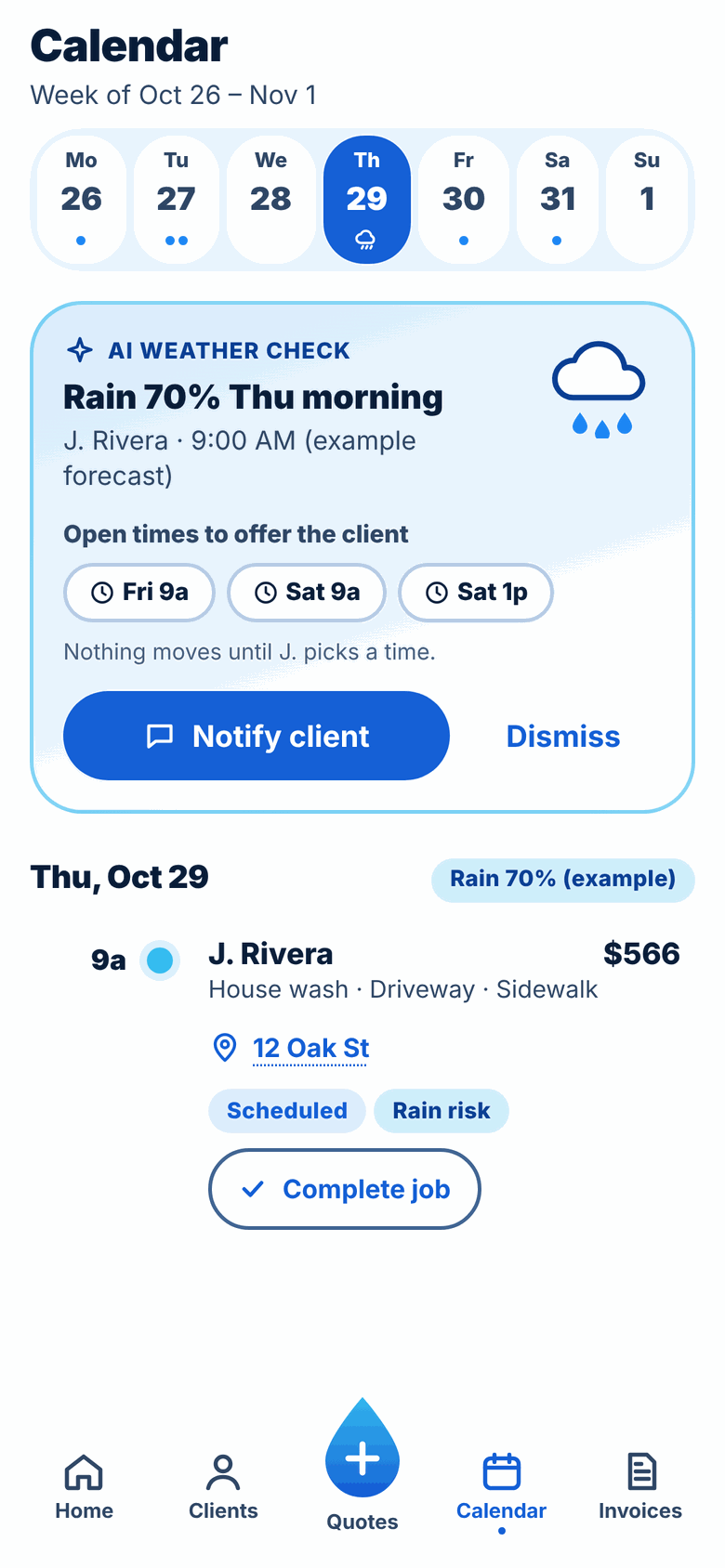 Tankful early preview: week calendar of pressure washing jobs with a rain warning