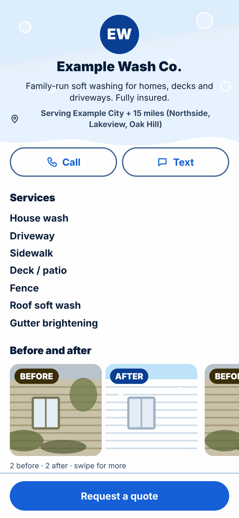 Tankful early preview: public business page for a pressure washing company with a Request a quote button